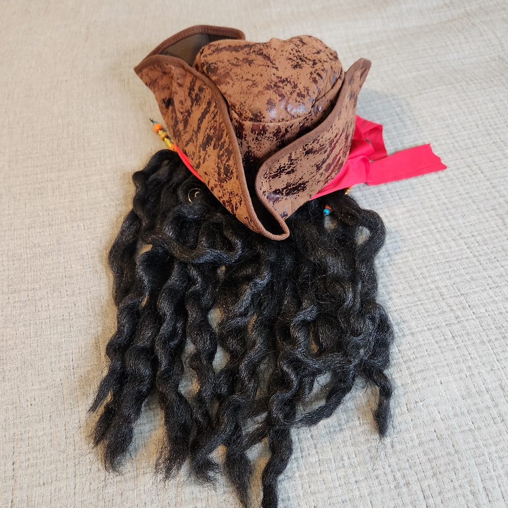 Adult Distressed Brown Pirates Caribbean Costume Tricorn Hat With Hair Dreadlock